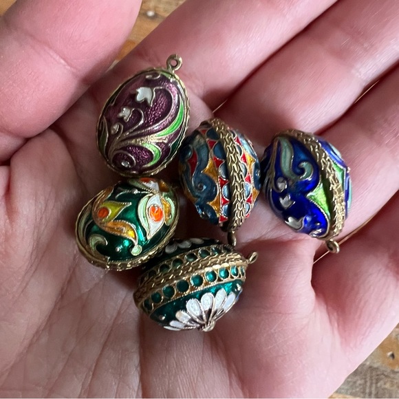 5 Antique Russian Imperial Filigree Enamel Silver Egg Pendant Charms - Picture 8 of 11